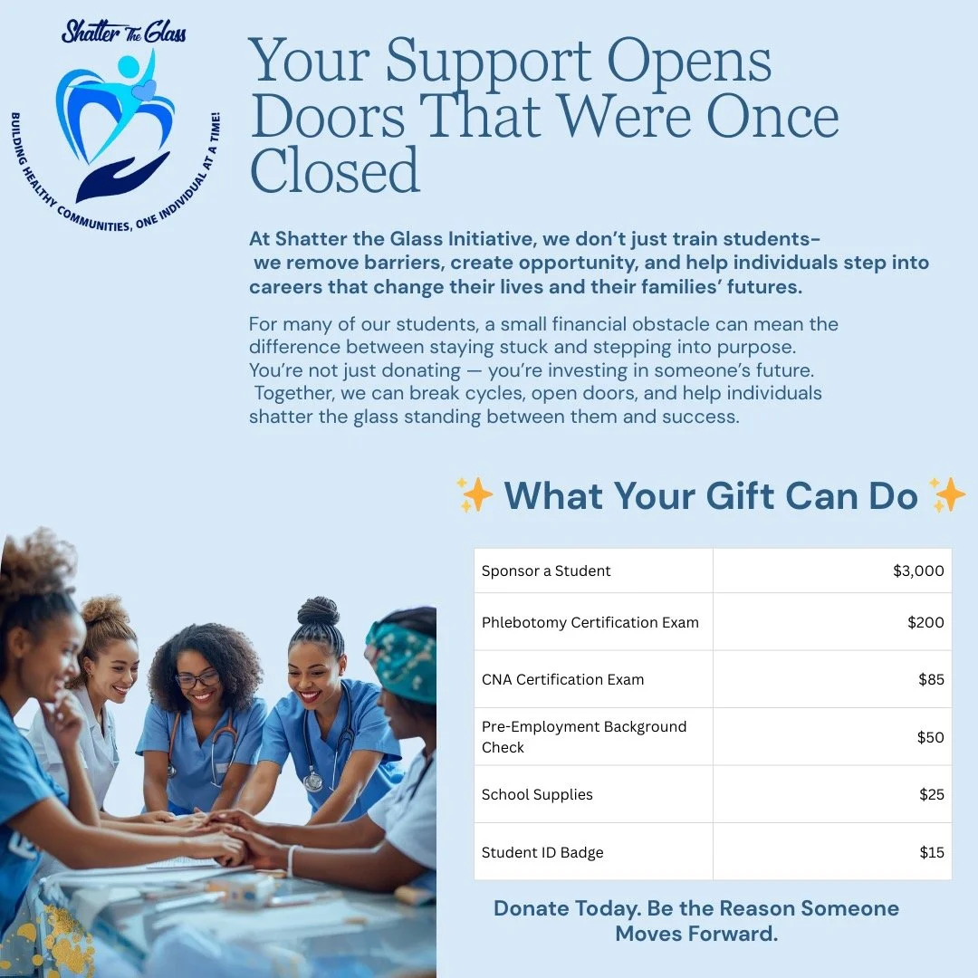 A flyer for Shatter the Glass initiative with a group of diverse nurses smiling and engaging at a table, alongside text describing how donations support students in healthcare careers.