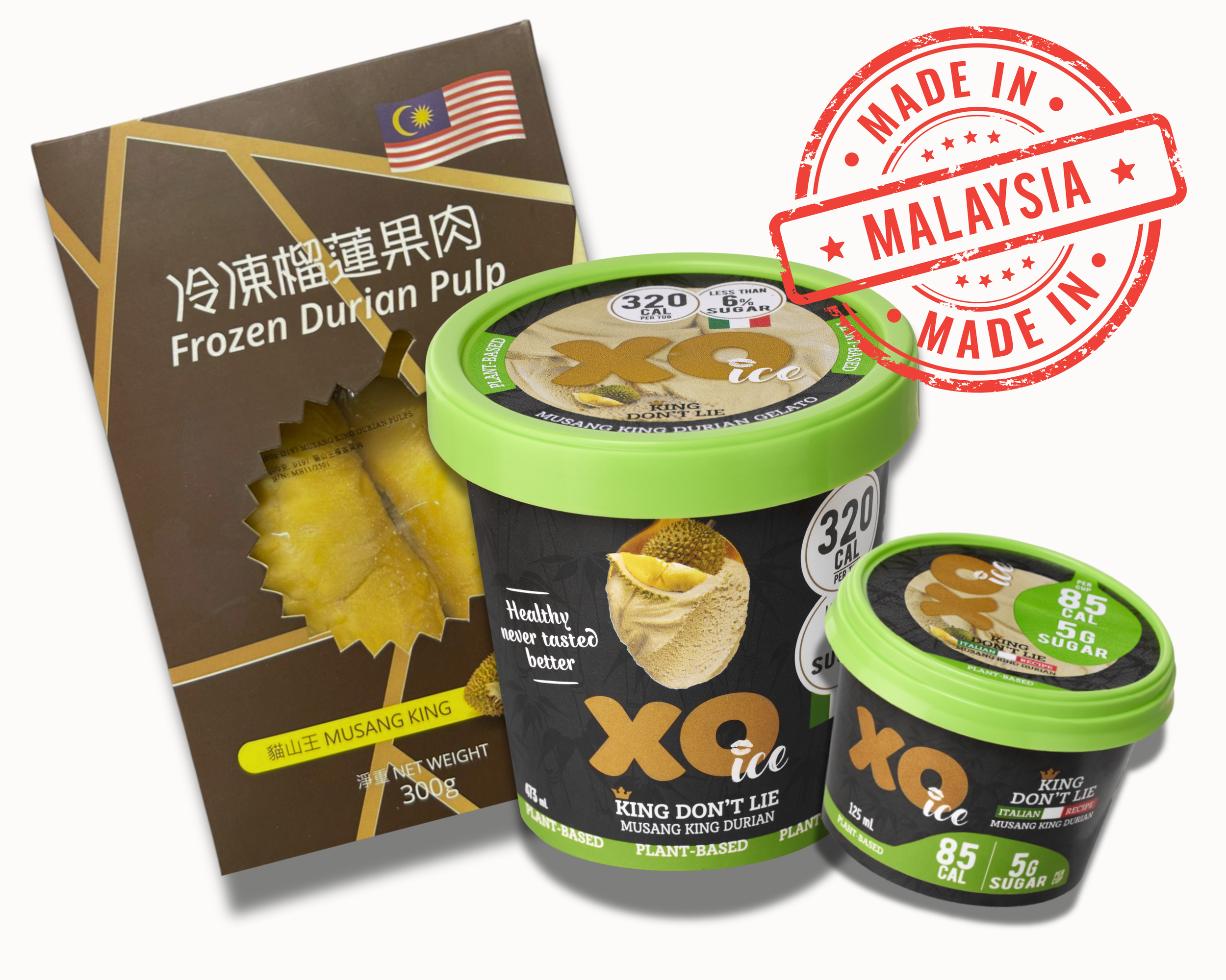 Frozen durian pulp and durian ice cream containers with a Malaysian flag and a red stamp indicating they are made in Malaysia.