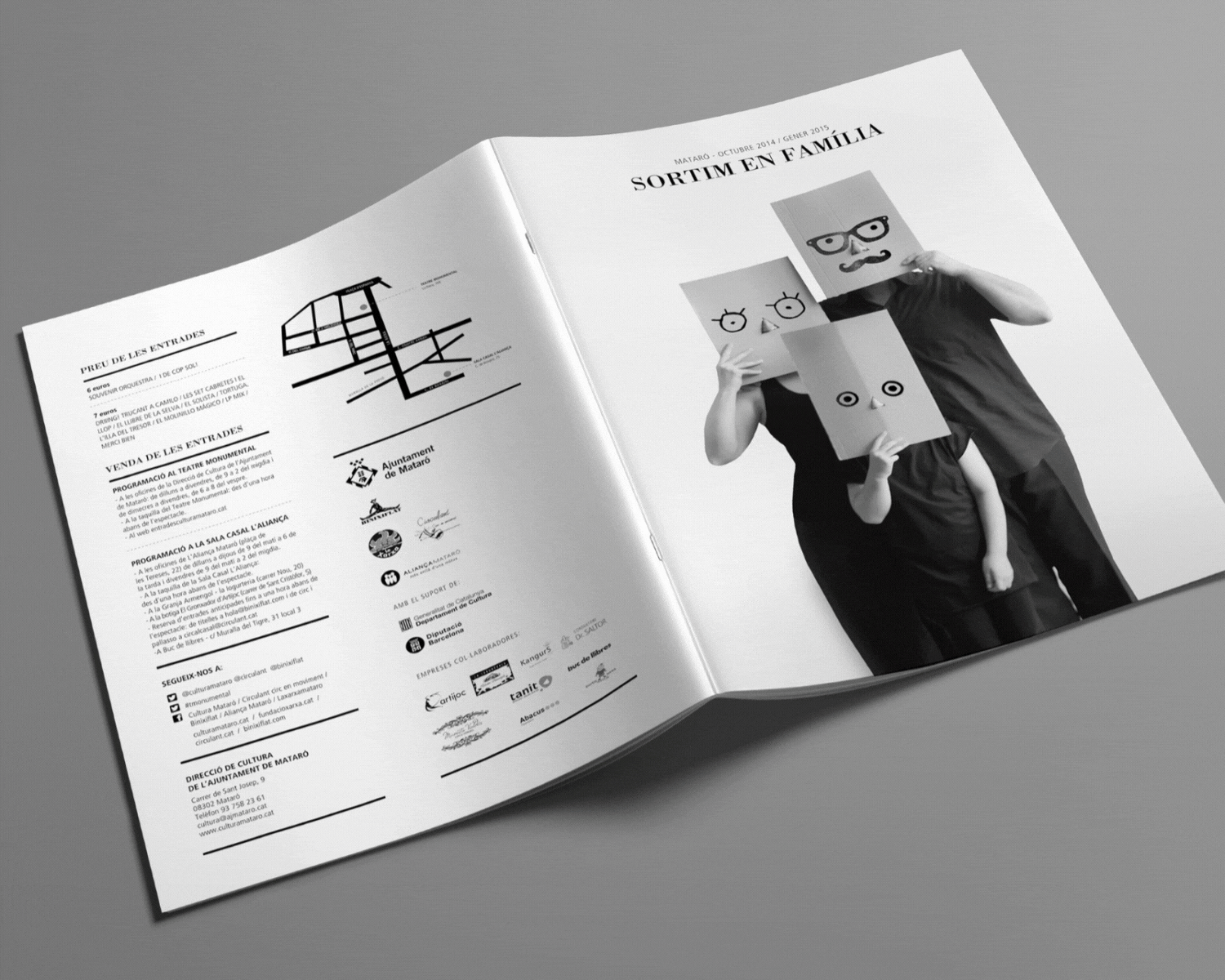 A magazine spread with a family portrait, each person holding a box with drawn facial expressions over their heads, and an opposite page with text and logos.
