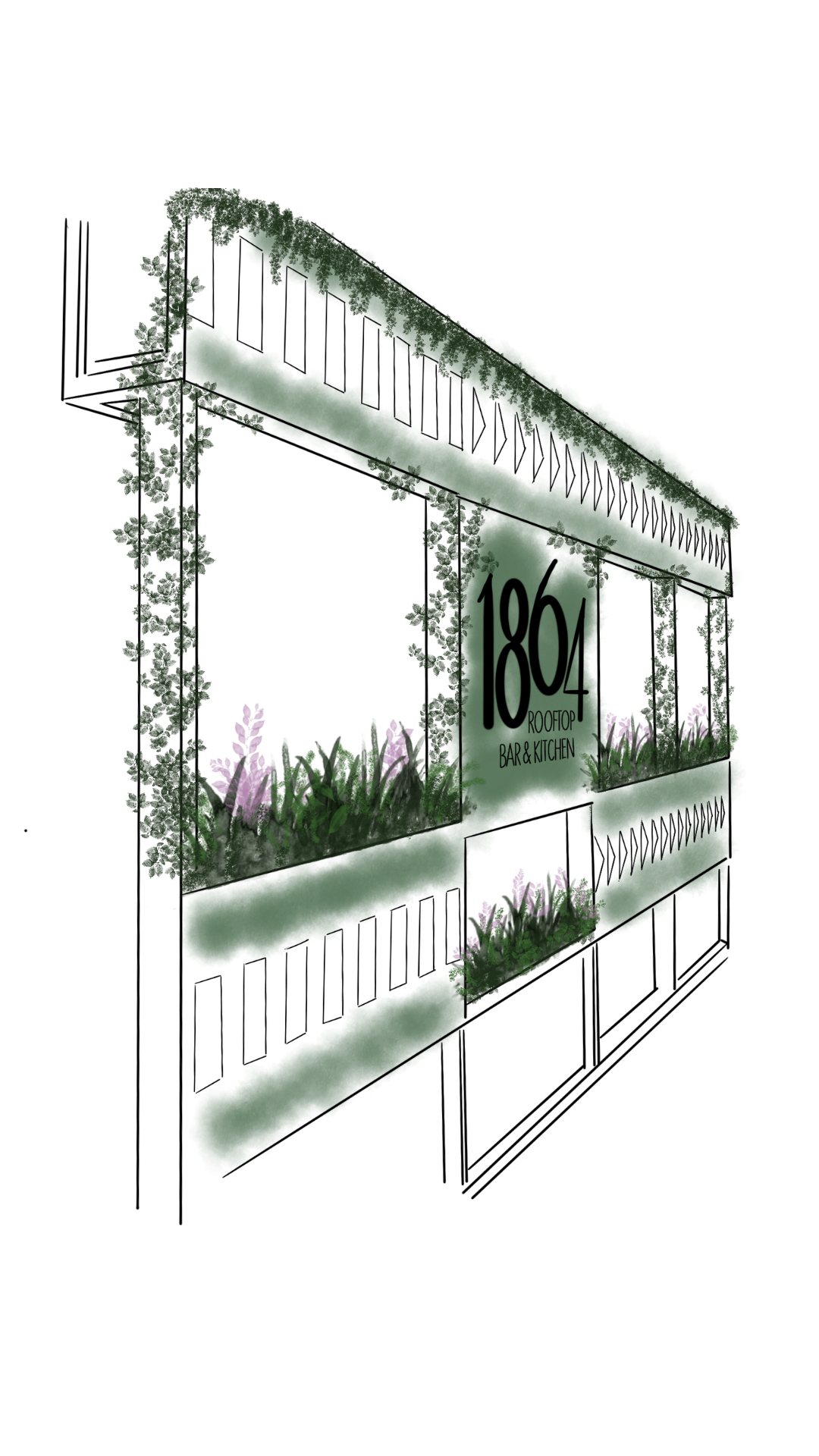 A modern outdoor sign with greenery and purple flowers, displaying the name '1804 Rooftop Bar & Kitchen'.