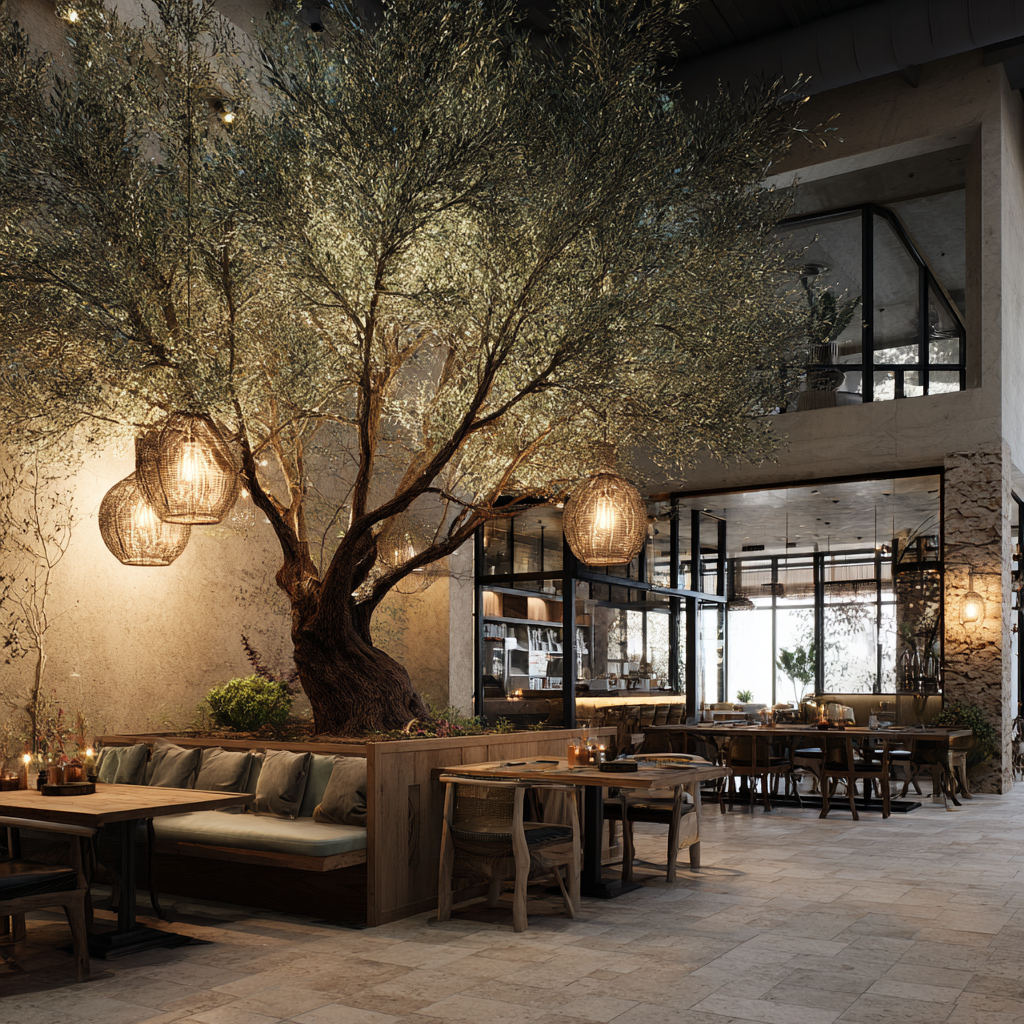 Bespoke artificial olive tree in restaurant interior