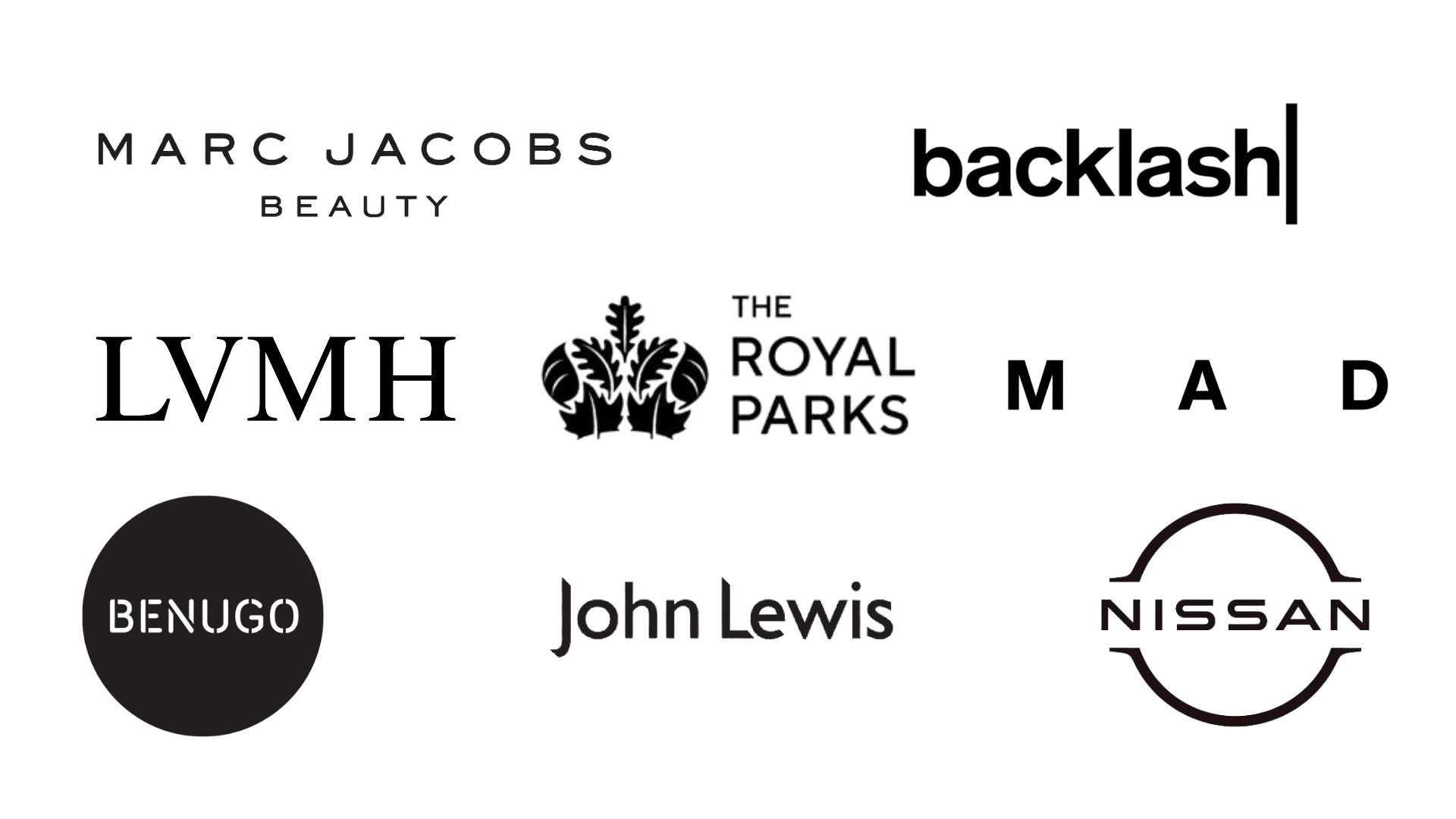 Collage of logos from various brands including Marc Jacobs Beauty, Backlash, Royal Parks, Benugo, John Lewis, and Nissan.