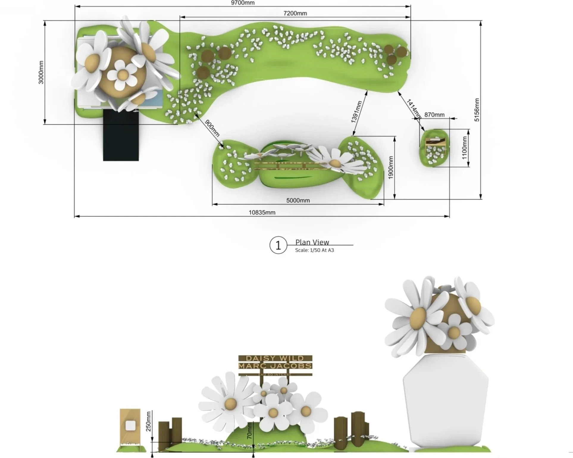 Concept sketch and CAD drawing for bespoke installation