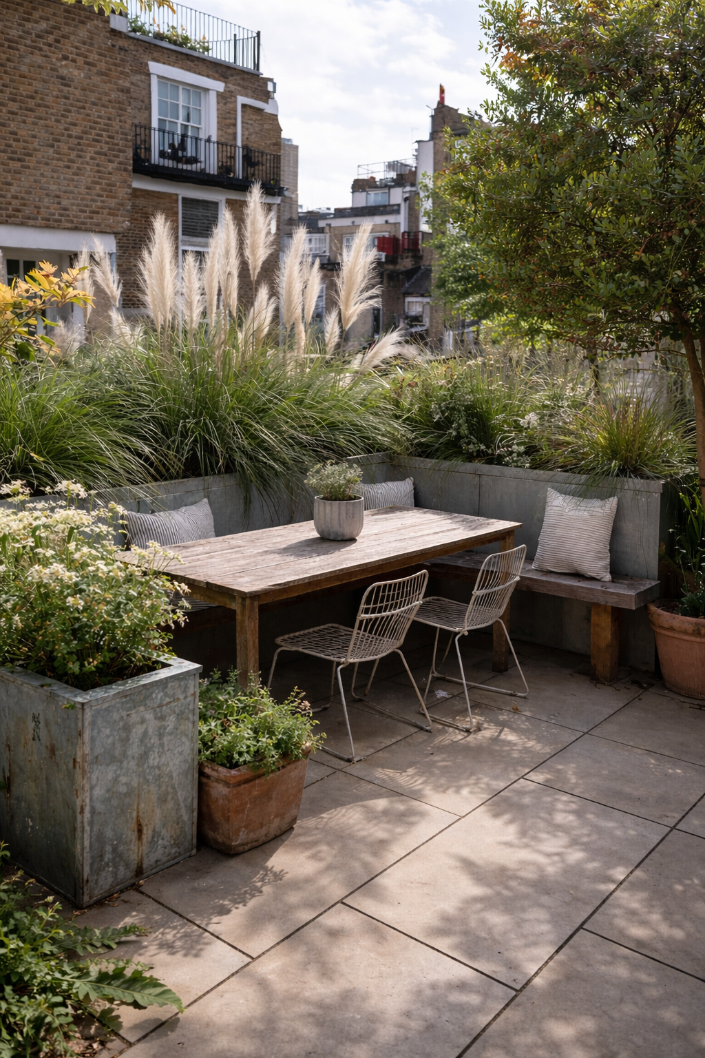 external planting scheme metal planters with wooden table
