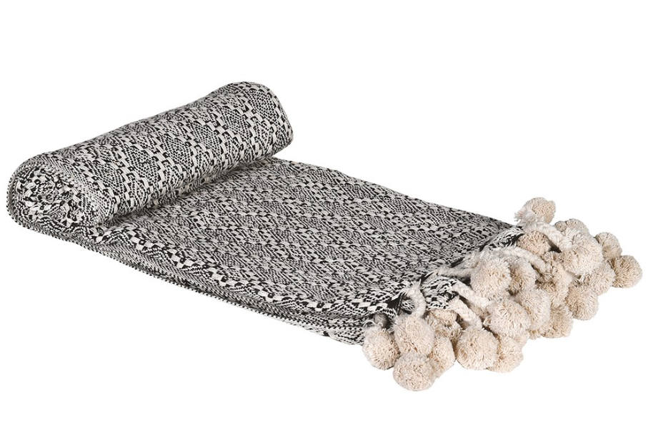 Black and White Pattern Throw with Pom Poms