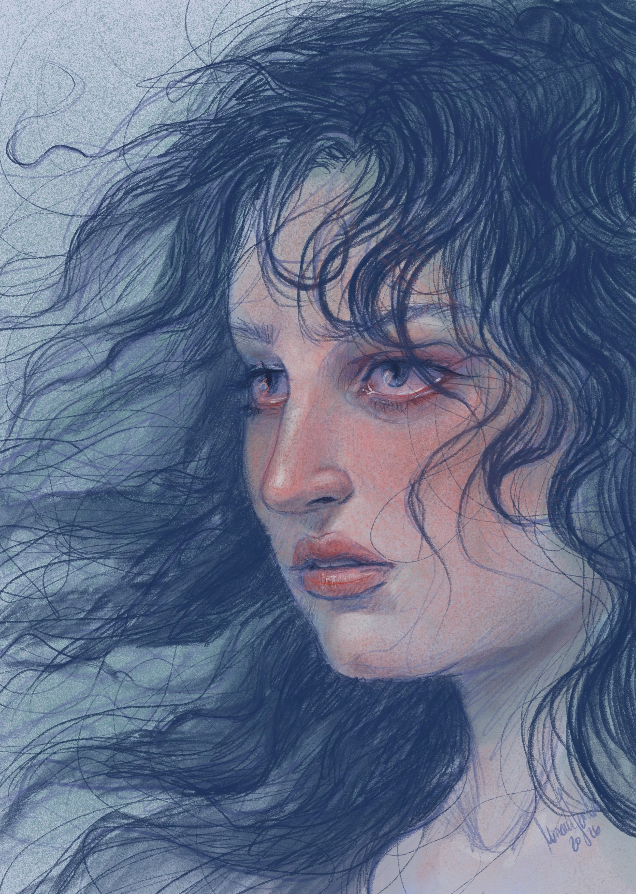 retrato imaginario de una mujer con lágrimas en los ojos y mirada desafiante, su cabello se enreda y despeina por el viento