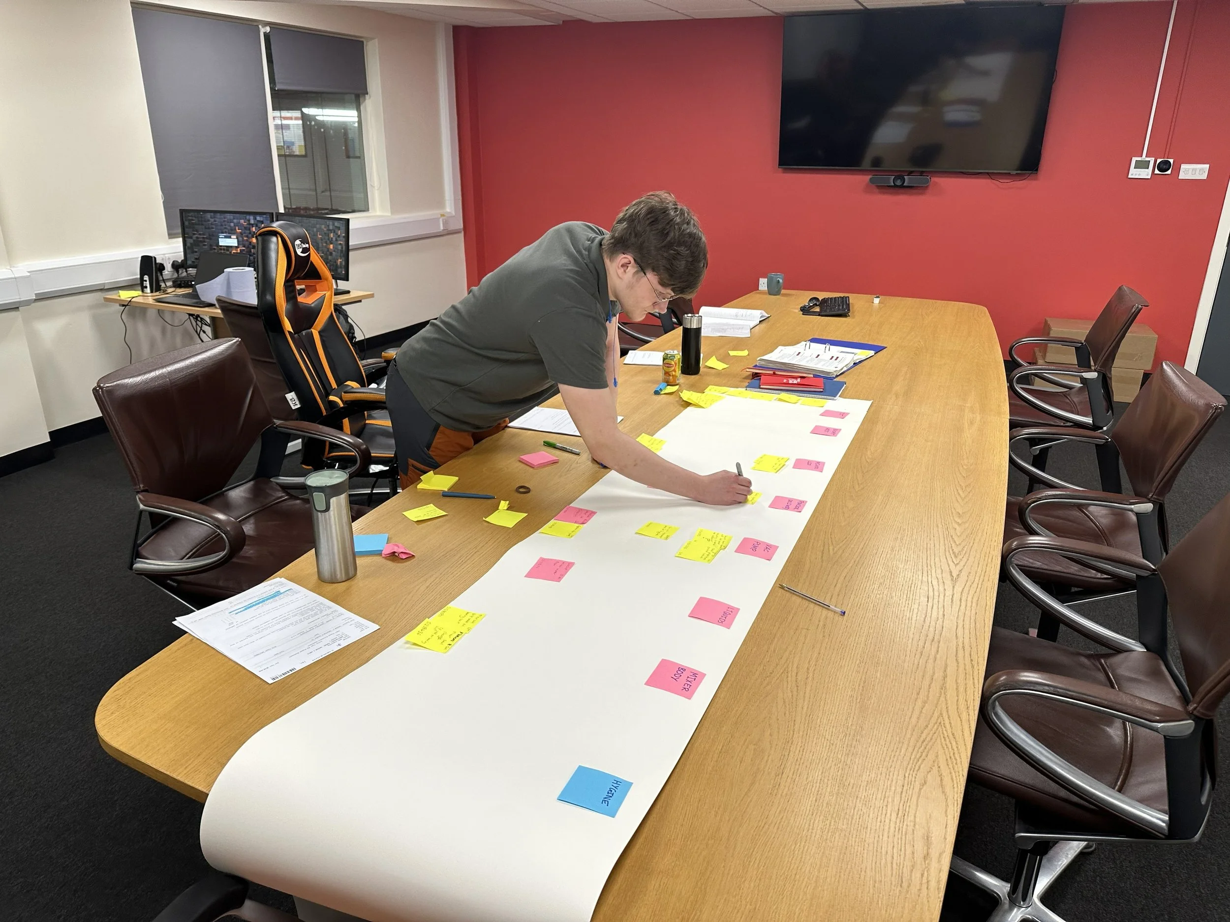 A person standing over a large white poster on a conference table, working with sticky notes in pink and yellow, surrounded by office chairs, with a TV on the wall and computer setup nearby.