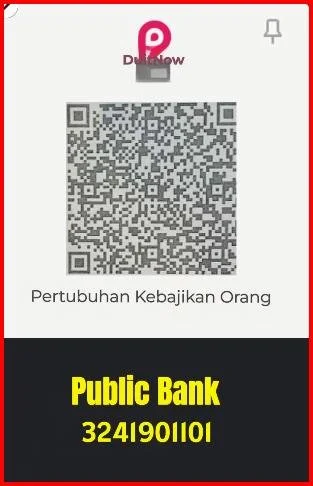 A QR code displayed on a smartphone screen with the text 'Pertubuhan Kebajikan Orang' and 'Public Bank 3241901101' below it.
