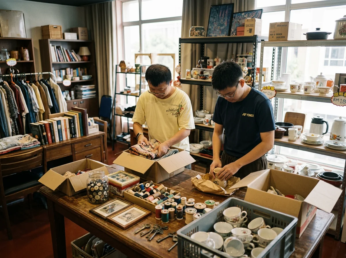 Two young men are shopping for vintage items at a thrift store, sorting through various second-hand goods including dishes, teacups, and other ceramic items on a wooden table.