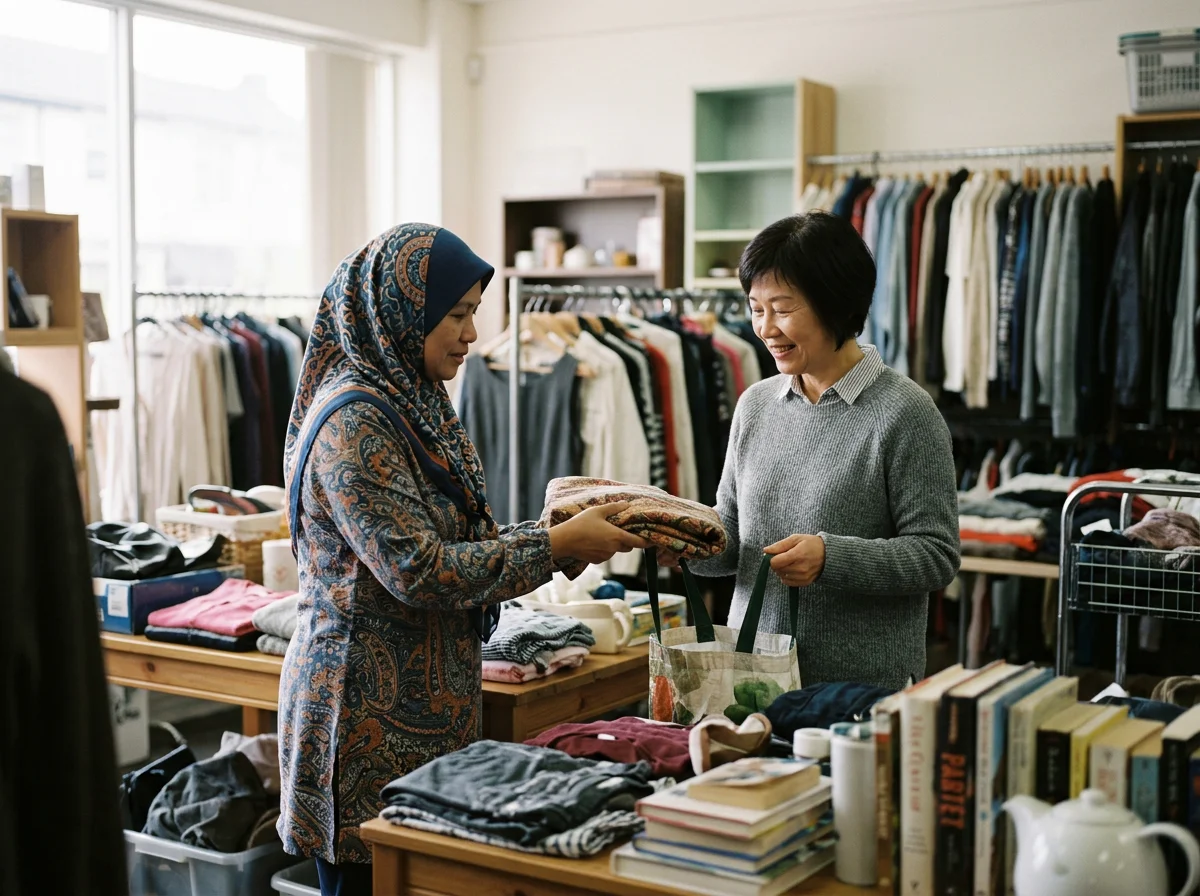 Two women shopping in a thrift store or clothing shop, one woman of Asian descent with short black hair wearing a gray sweater, smiling, holding a shopping bag; the other woman wearing a patterned headscarf and dress, examining a folded piece of clothing. The store has racks of clothes and shelves filled with various clothing items.