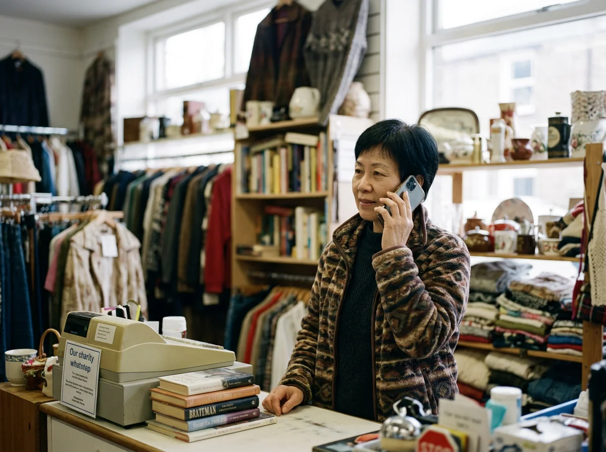 A woman standing at a store counter talking on a cell phone, inside a thrift shop with clothing and household items on shelves and racks.