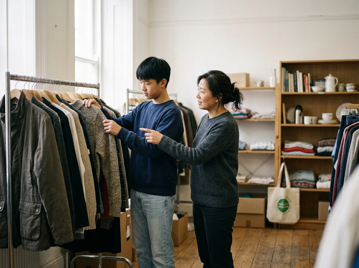 A woman helping a young man pick out clothes in a thrift store with clothing racks and shelves in the background.