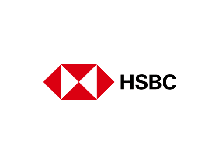 HSBC logo with a red hexagon and black stylized letters.