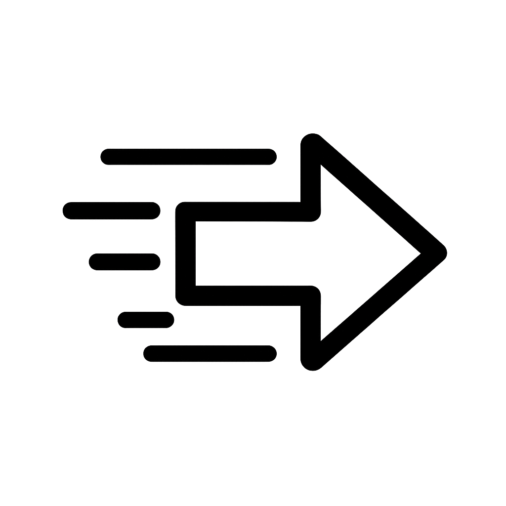 A black upward arrow with speed lines on the left side, representing speed or movement.