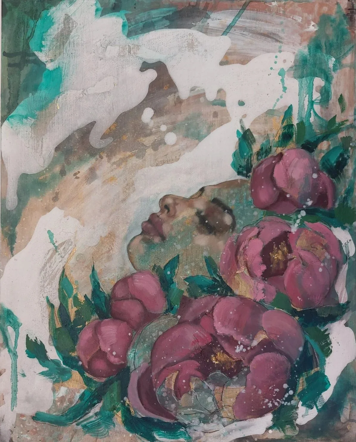 She remembered how to bloom, 2025, mixed media, oil & gold leaf on wood, 16 x 20