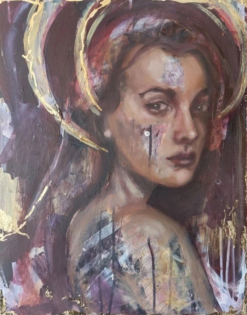 She glowed in the ruins, 2025,  mixed media, oil & gold leaf on wood, 16 x20