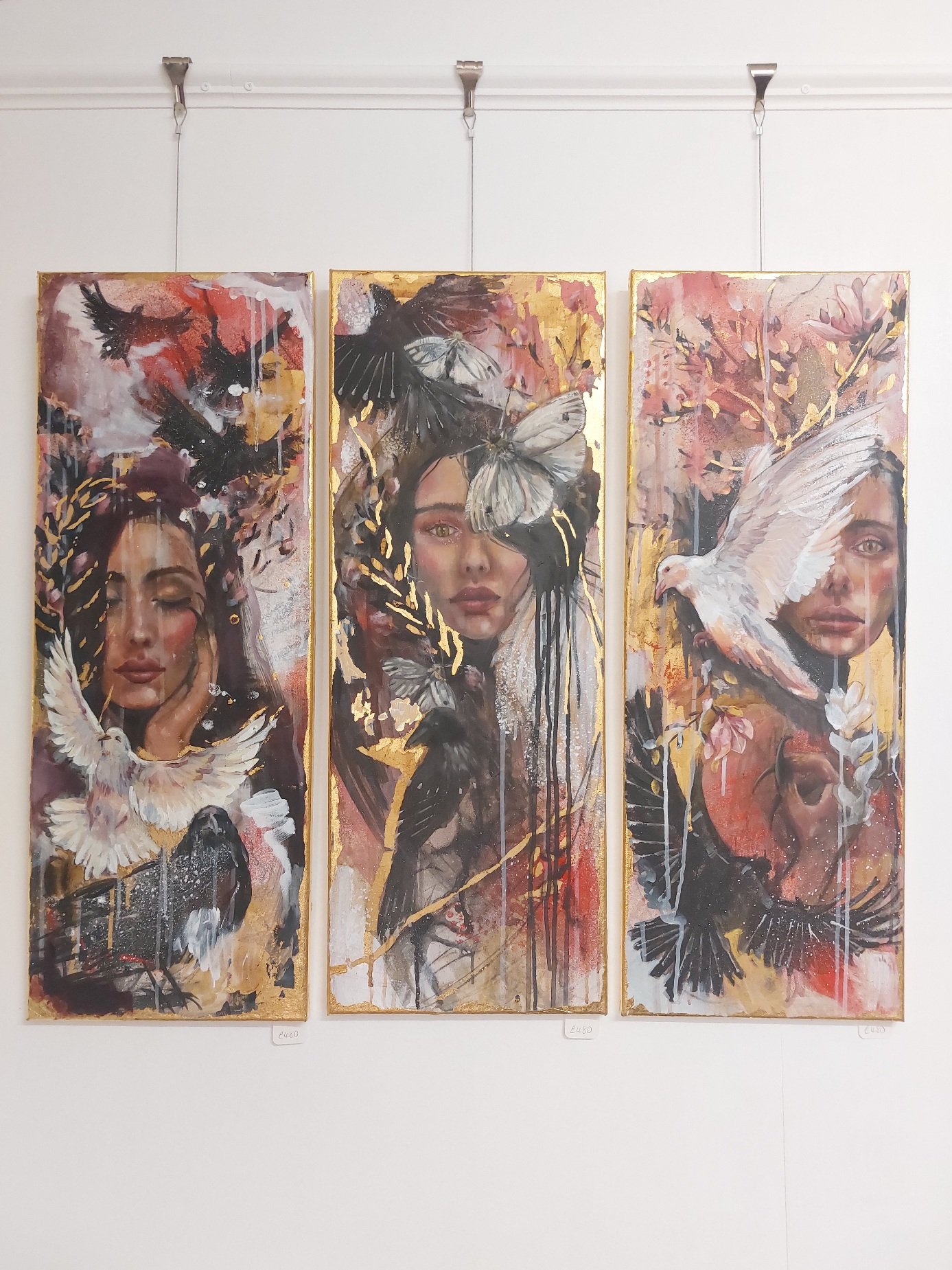 Duality in Flight (triptic 2025,mixed media, oil & gold leaf on canvas, 32 x 36