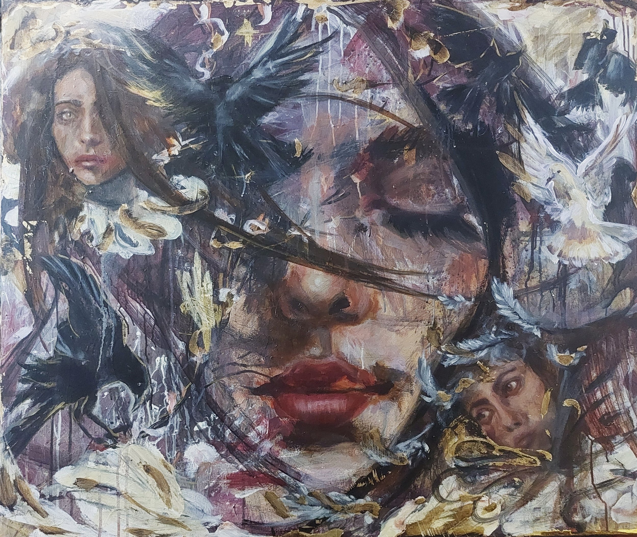 What remains of her, 2025, mixed media, oil & gold leaf on canvas, 100 x 130cm