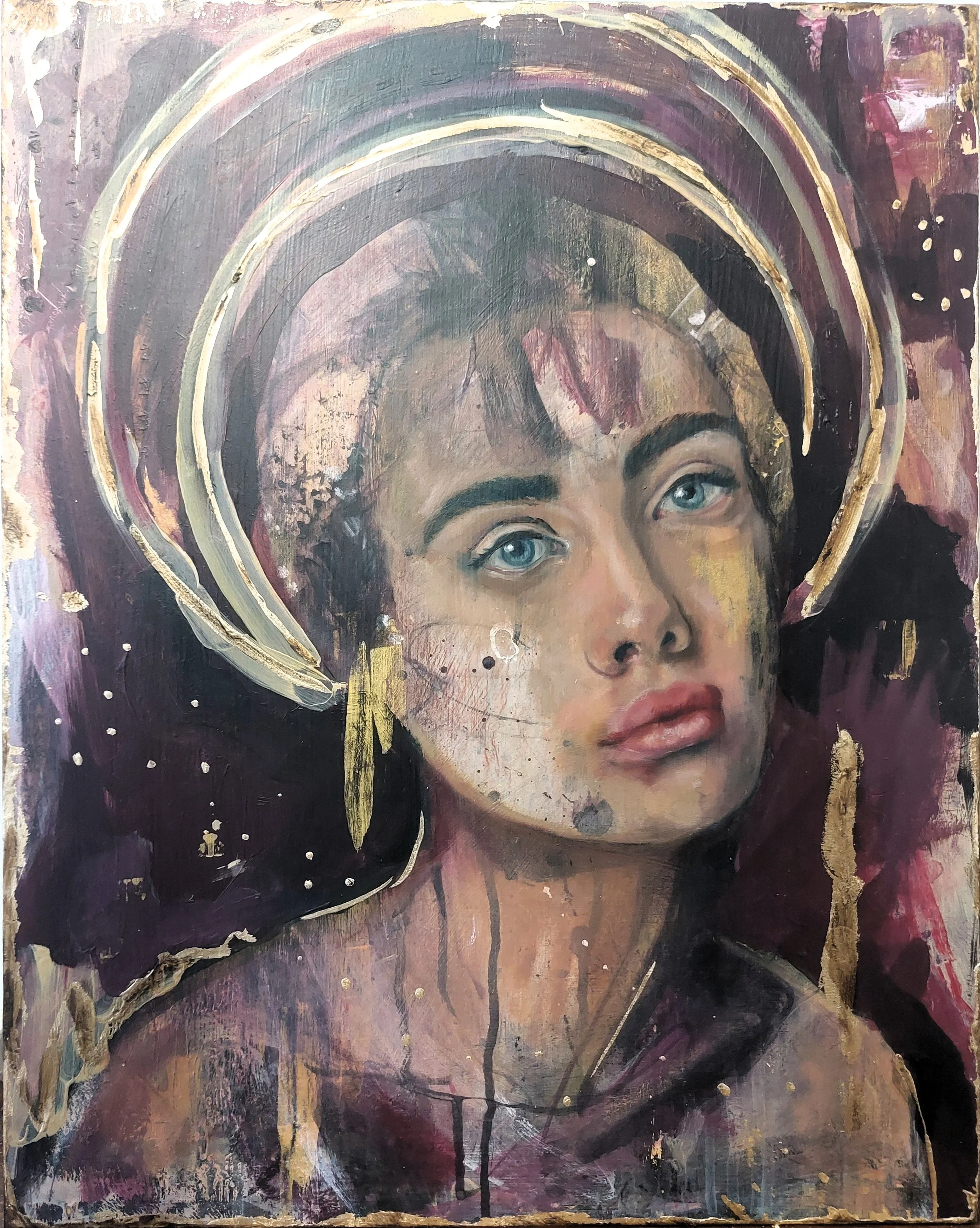 Gilded resurrection, 2025, mixed media, oil & gold leaf on wood, 16 x20