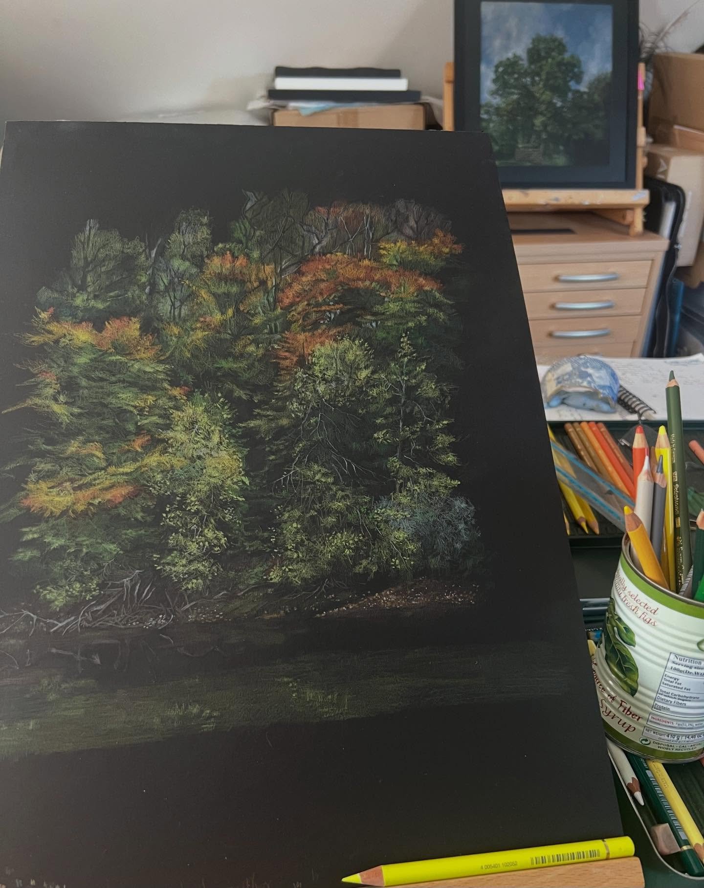 Work in progress. I&rsquo;m drawing another version of the river Severn view at Ironbridge, this time with the first hints of autumn fire. There must be beech trees in there maybe?
I&rsquo;ve spent quite some time on it, with more to do and really ne
