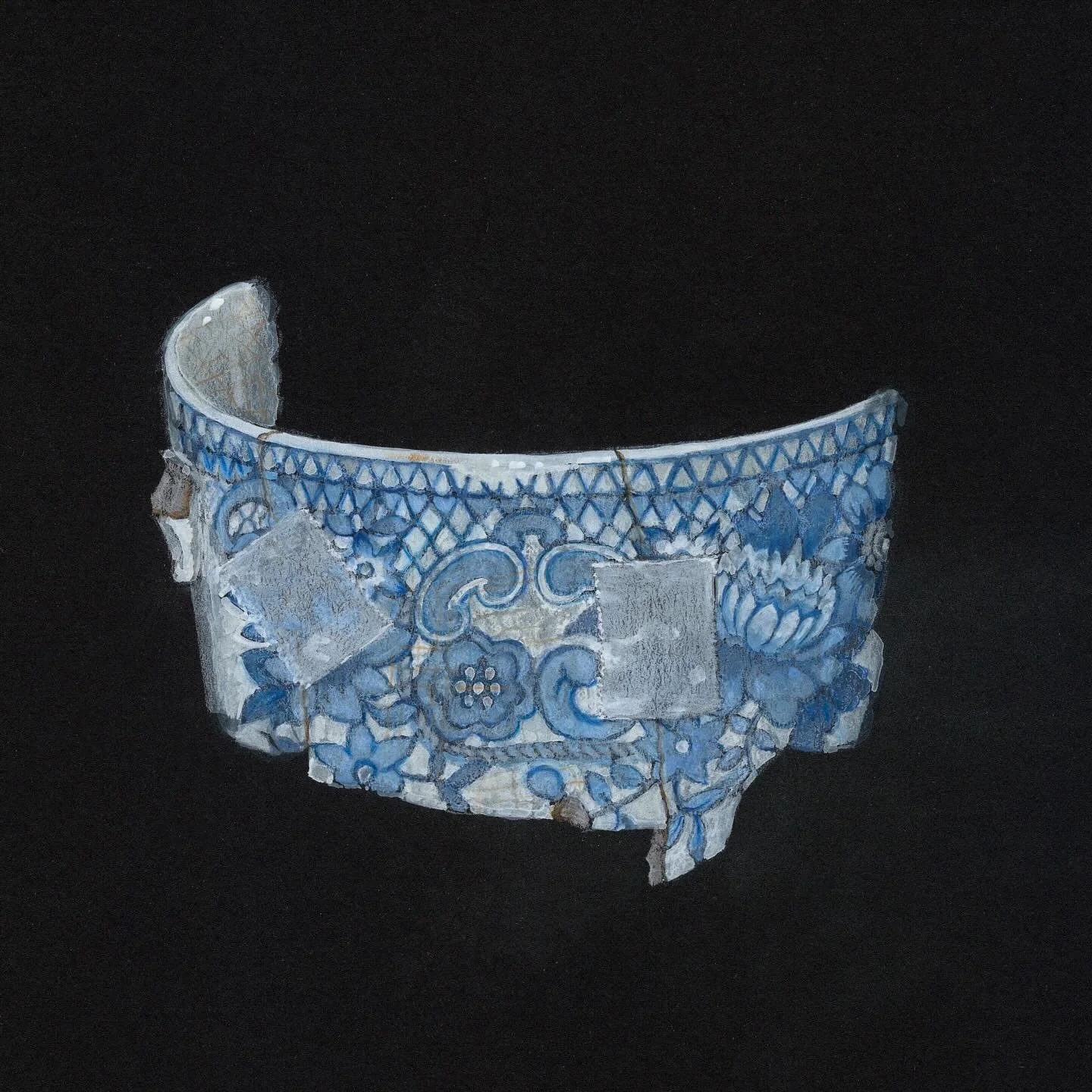 The interest in pottery pieces found in the garden continues.
 🔹🩵🔹
I have just three pieces of this cup but each one is a real thrill to find. 

Finding (while gardening), cleaning, storing in the enamel jug then sorting into shades of blue is the