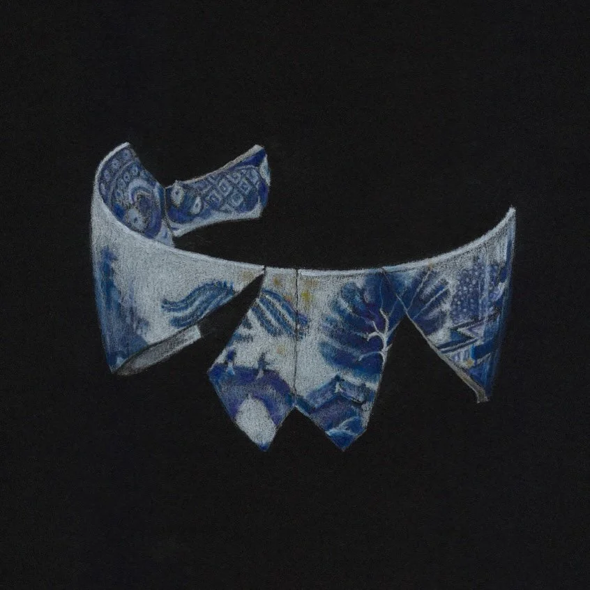 For as long as I can remember I&rsquo;ve loved the trees in &lsquo;The Willow Pattern&rsquo;. 

&lsquo;Five Found Pieces&rsquo; has all the pottery taped and BluTacked together inside so that I can draw those lines. 
And the rusty patch by the willow