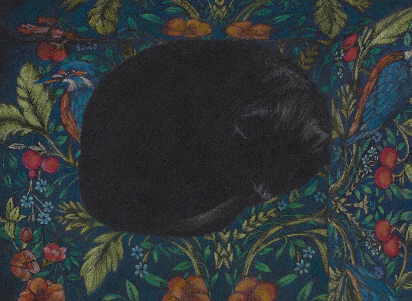 Ronni, who&rsquo;s often to be found wandering over my table while I draw found herself a good spot for a siesta.
I made this drawing a couple of years ago having sketched Ron but worked from a photograph of the fabric. I liked how the &lsquo;subject