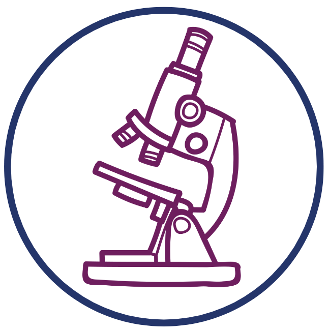 Line drawing of a microscope enclosed in a circle.