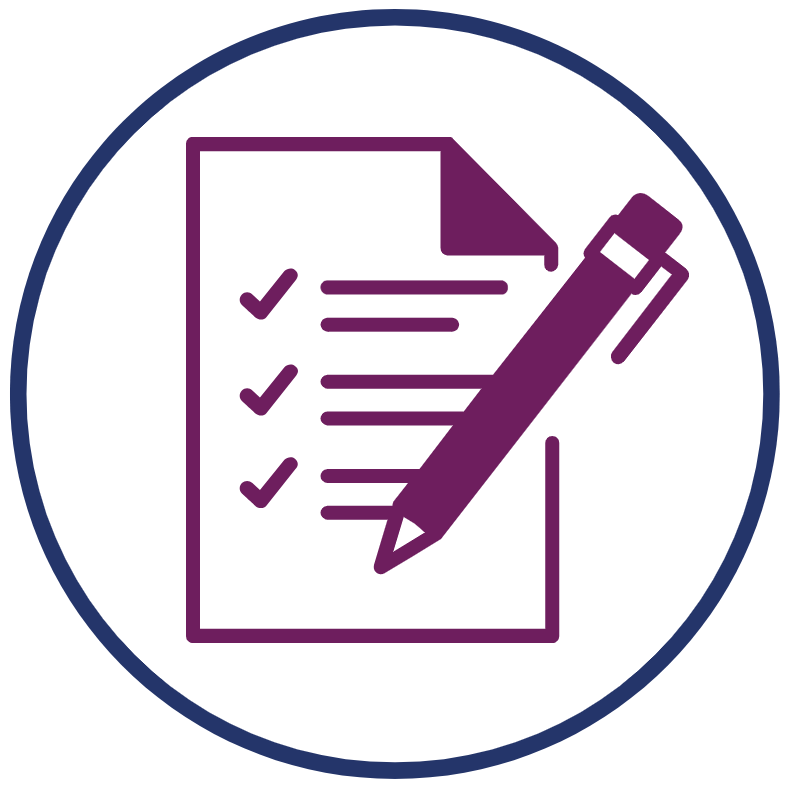 Icon of a checklist with a pen, inside a circle.