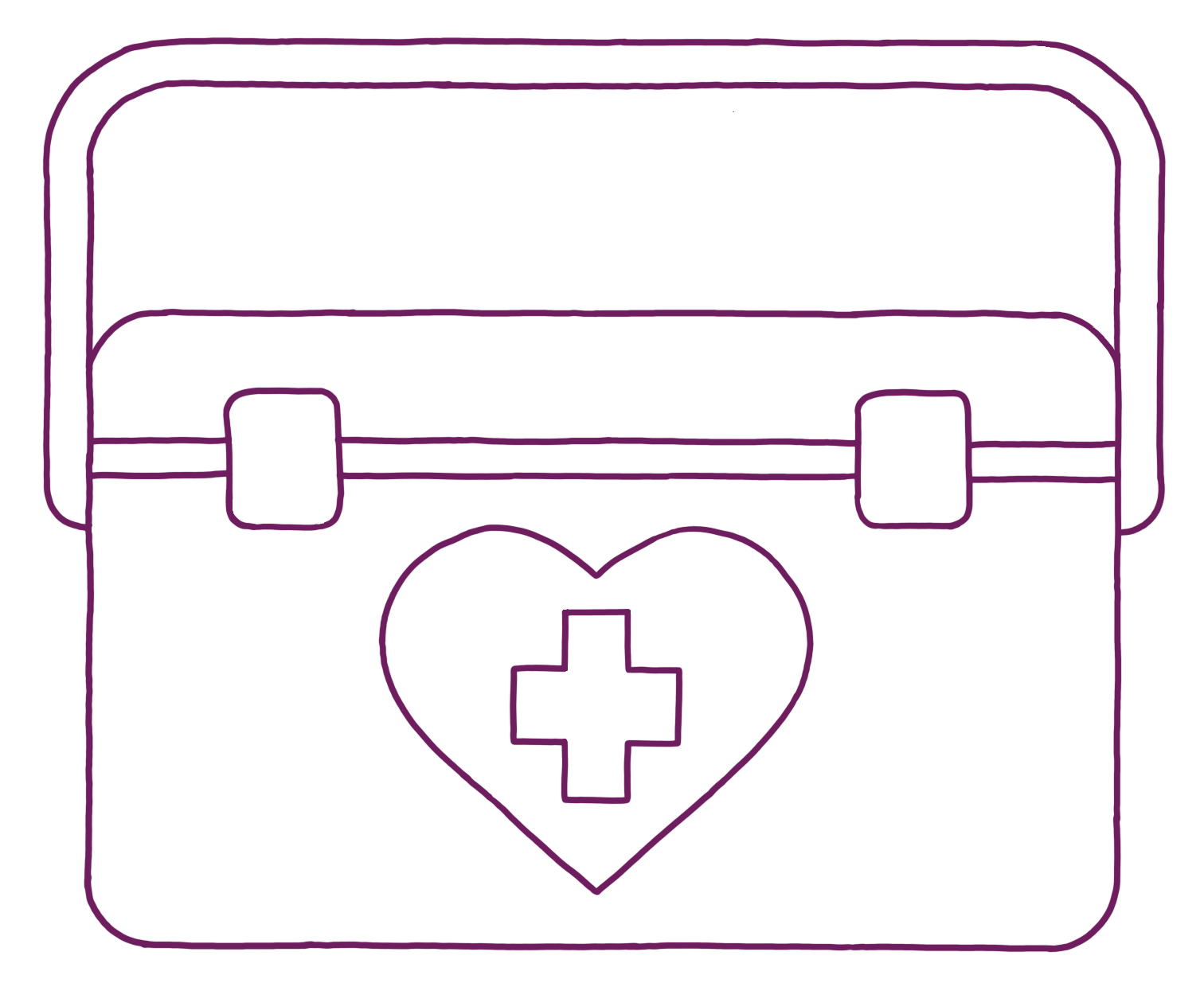 Outline of a medical kit with a cross inside a heart on the front, depicted in neon purple lines on a black background.