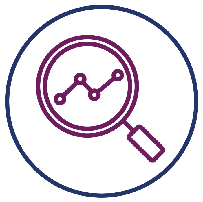 Magnifying glass with a line graph inside, representing data analysis or research.