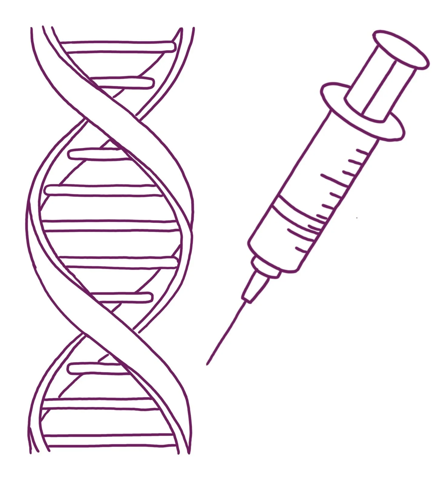 Drawing of a DNA double helix on the left and a syringe on the right.