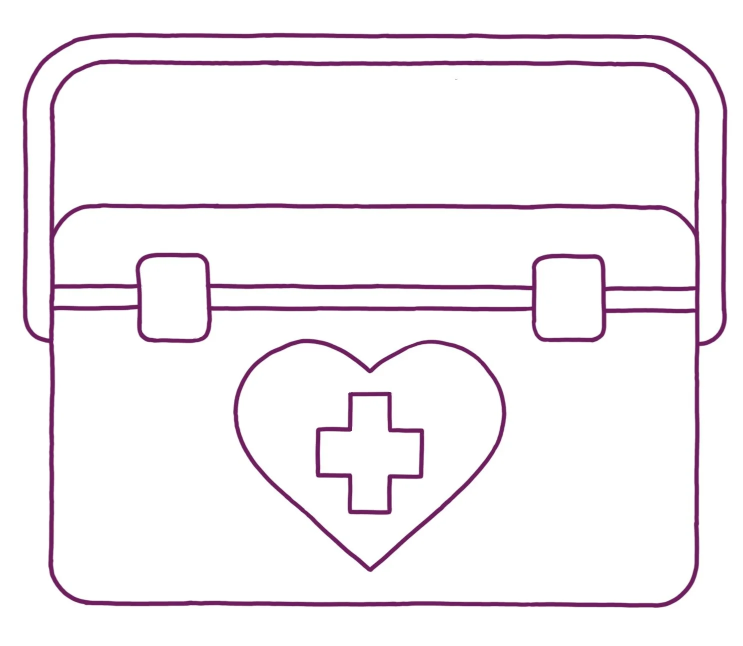 Outline drawing of a first aid kit with a heart and a cross symbol in the center.