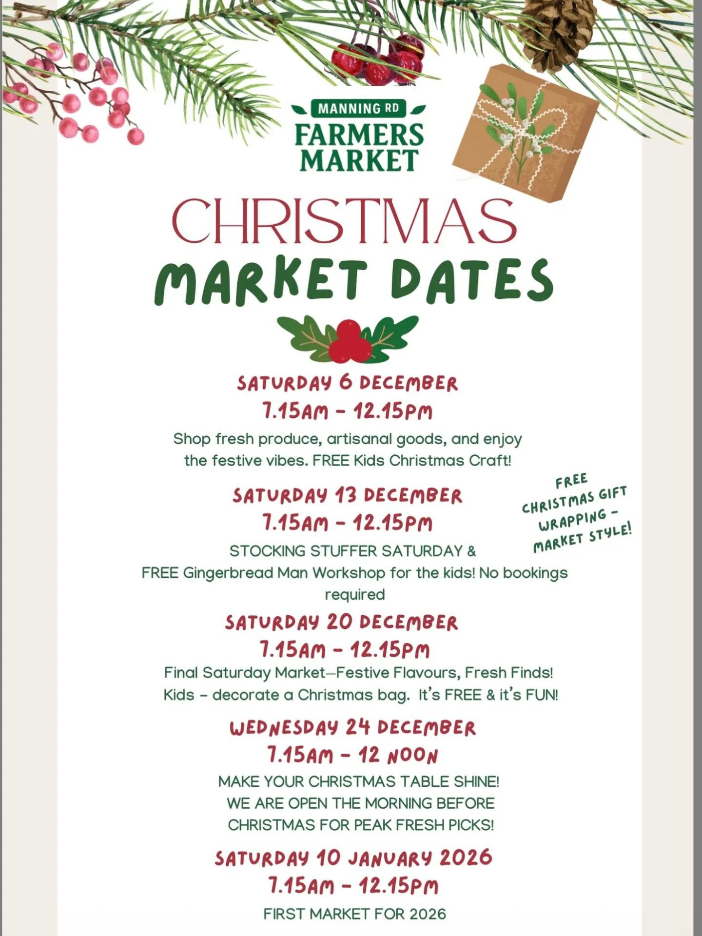 CHRISTMAS MARKET DATES 🎄

Fresh produce, artisan stalls, festive food 🍒family friendly vibes! 

Step into the magic of the season at @manningroadfarmersmarket 

Support local this festive season! 🎄

Manning Road Farmers Market
📌 Hedley Place, Ben