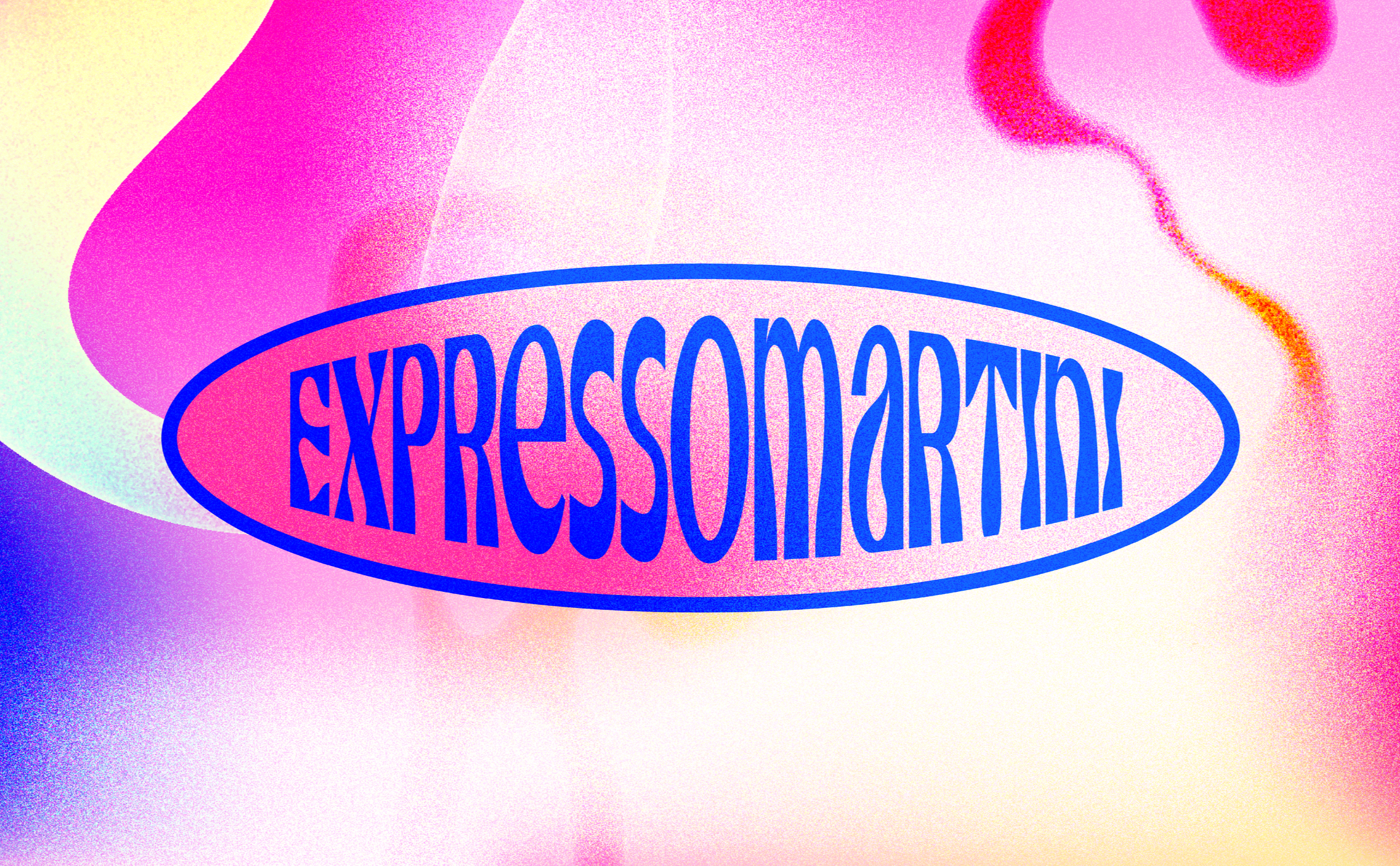 Bunt gestalteter psychedelischer Hintergrund mit dem Schriftzug ‚EXPRESSOMARTINI‘ in blauer ovaler Umrahmung.
