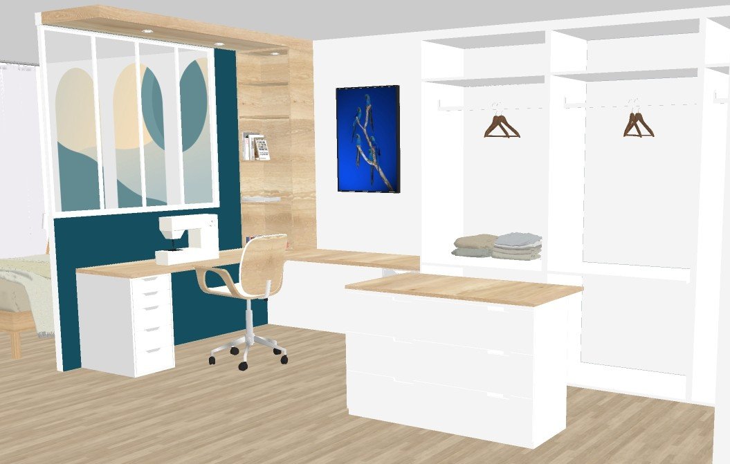 atelier de couture maison contemporaine Riantec
ilot dressing multifonction atelier couture
palette couleur moderne suite parentale lumineuse