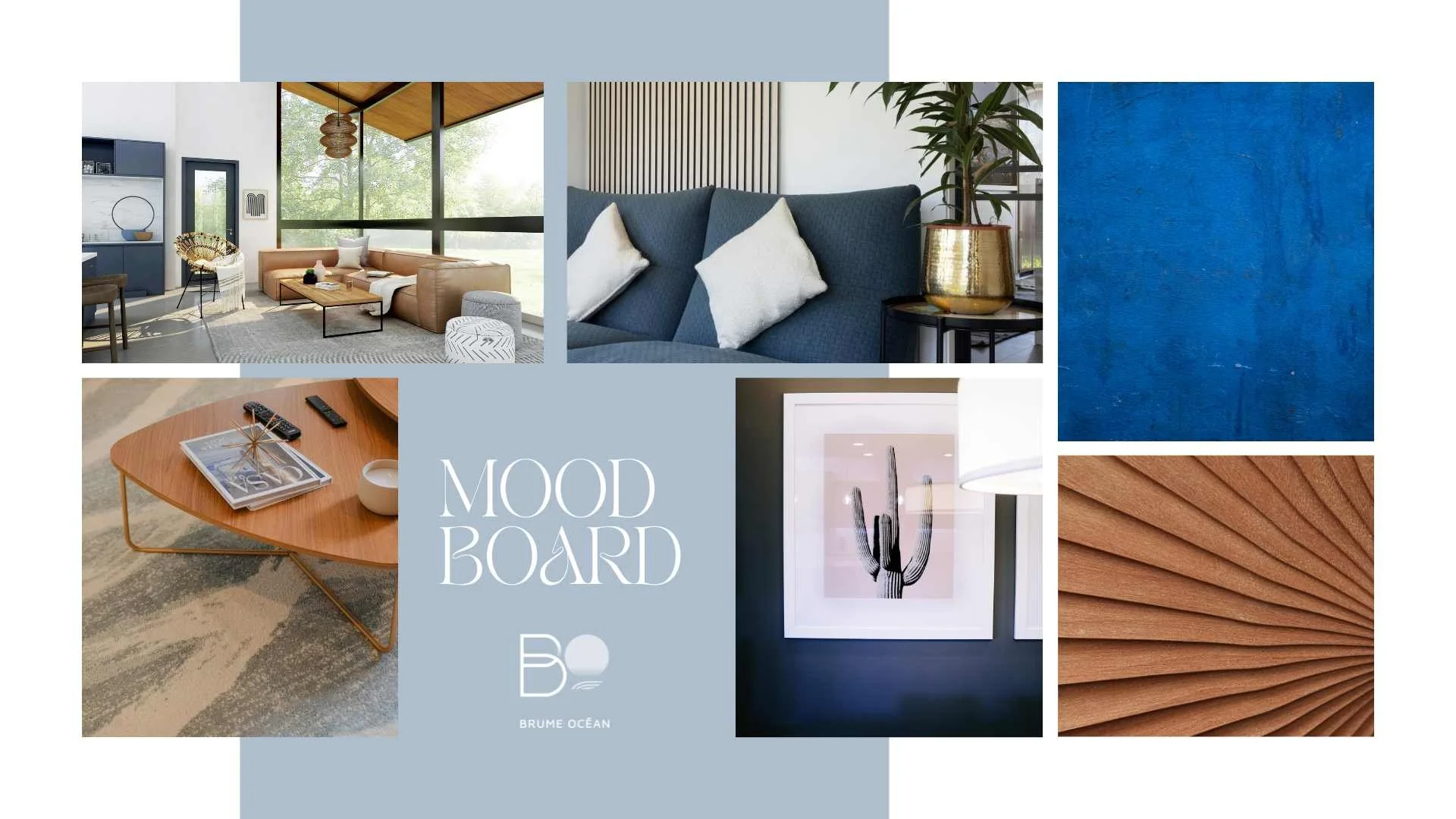Moodboard déco organisé aux tons bleu marine et terracotta, ambiance cohérente Brume Océan
