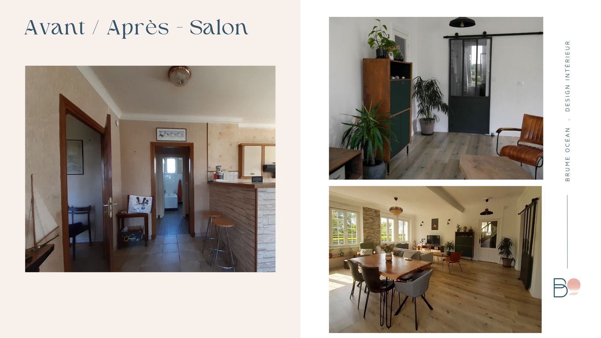 Montage avant/après de la pièce principale : transformation d’un salon sombre en espace ouvert et lumineux