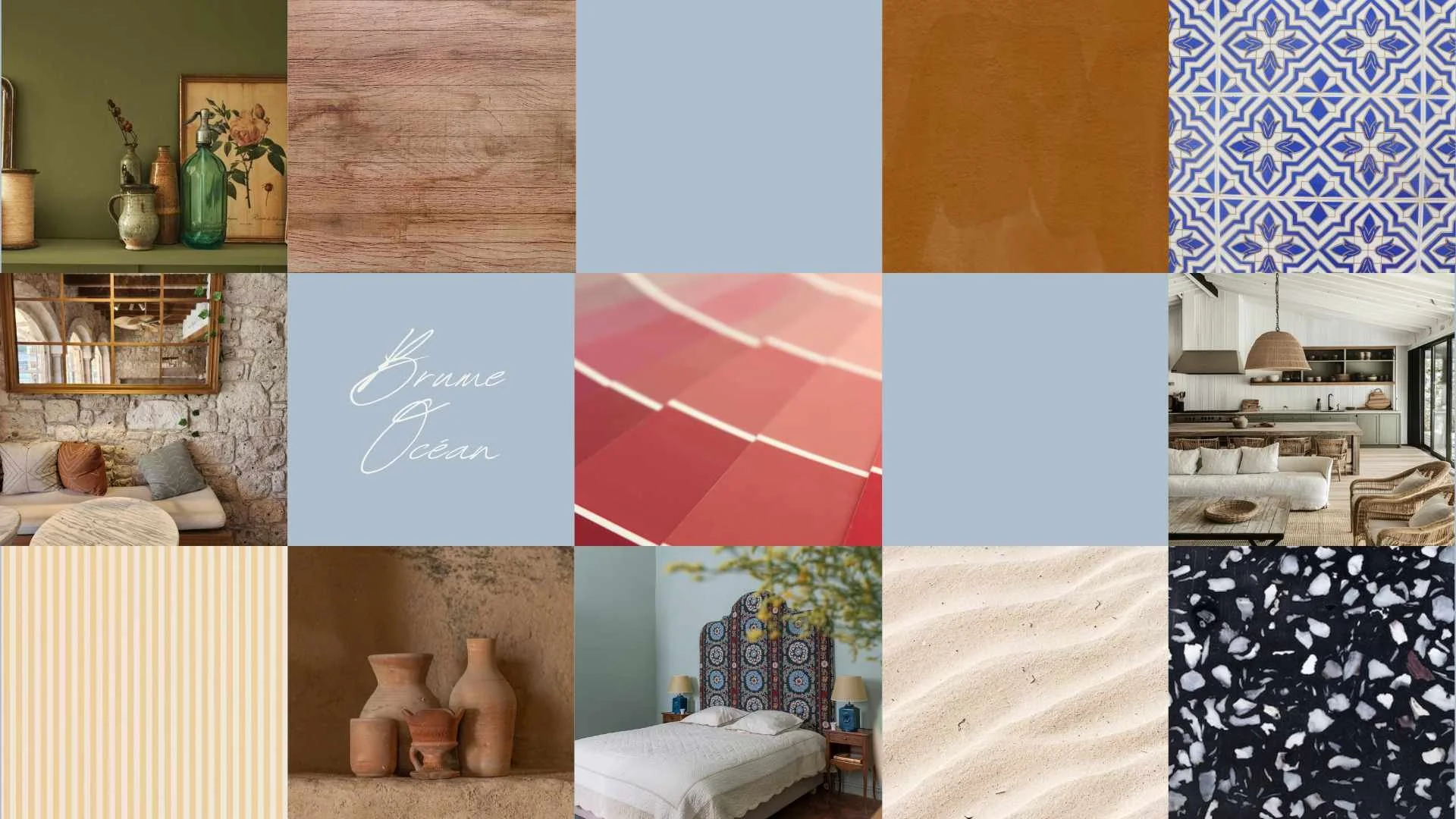 Palette de couleurs avec différents matériaux, textures et couleurs naturelles pour la décoration intérieure, y compris du bois, des carreaux de style marocain, des textiles, des céramiques, des murs en pierre, du sable et des éléments en terre cuite, évoquant un style côtier et rustique.