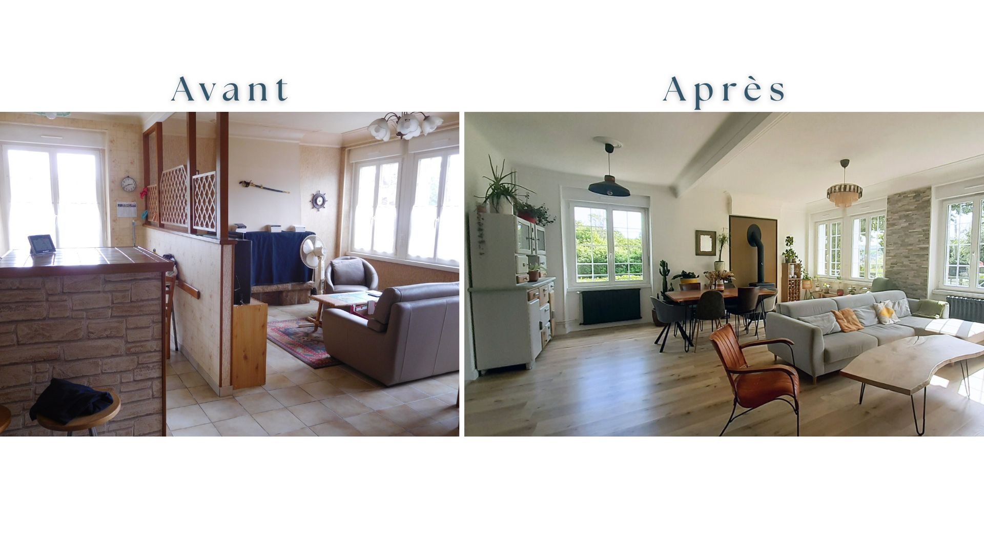 Montage avant/après de la pièce principale : transformation d’un salon sombre en espace ouvert et lumineux - Finistère