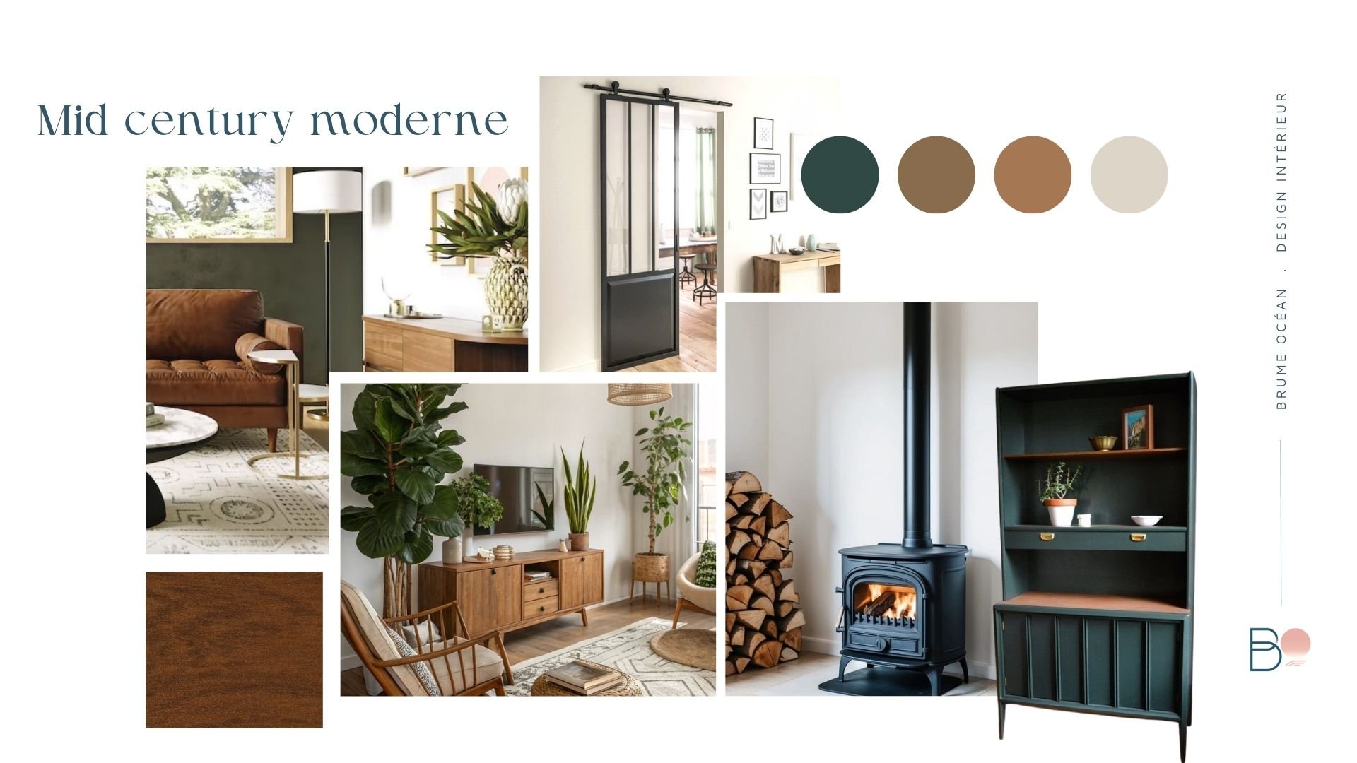 Moodboard du projet déco mid-century modern dans un salon néo-breton : couleurs lumineuses, matières naturelles, ambiance chaleureuse