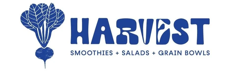 Logo for Harvest featuring a stylized beet with the words 'Harvest' and "Smoothies + Salads + Grain Bowls"