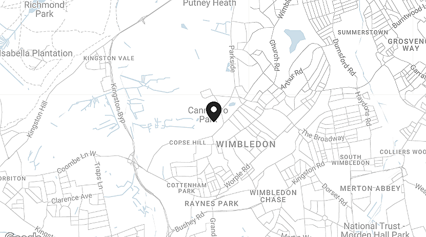 Map showing the location of Bradley Johnson's guitar studio in Wimbledon Village, near Cannizaro Park.