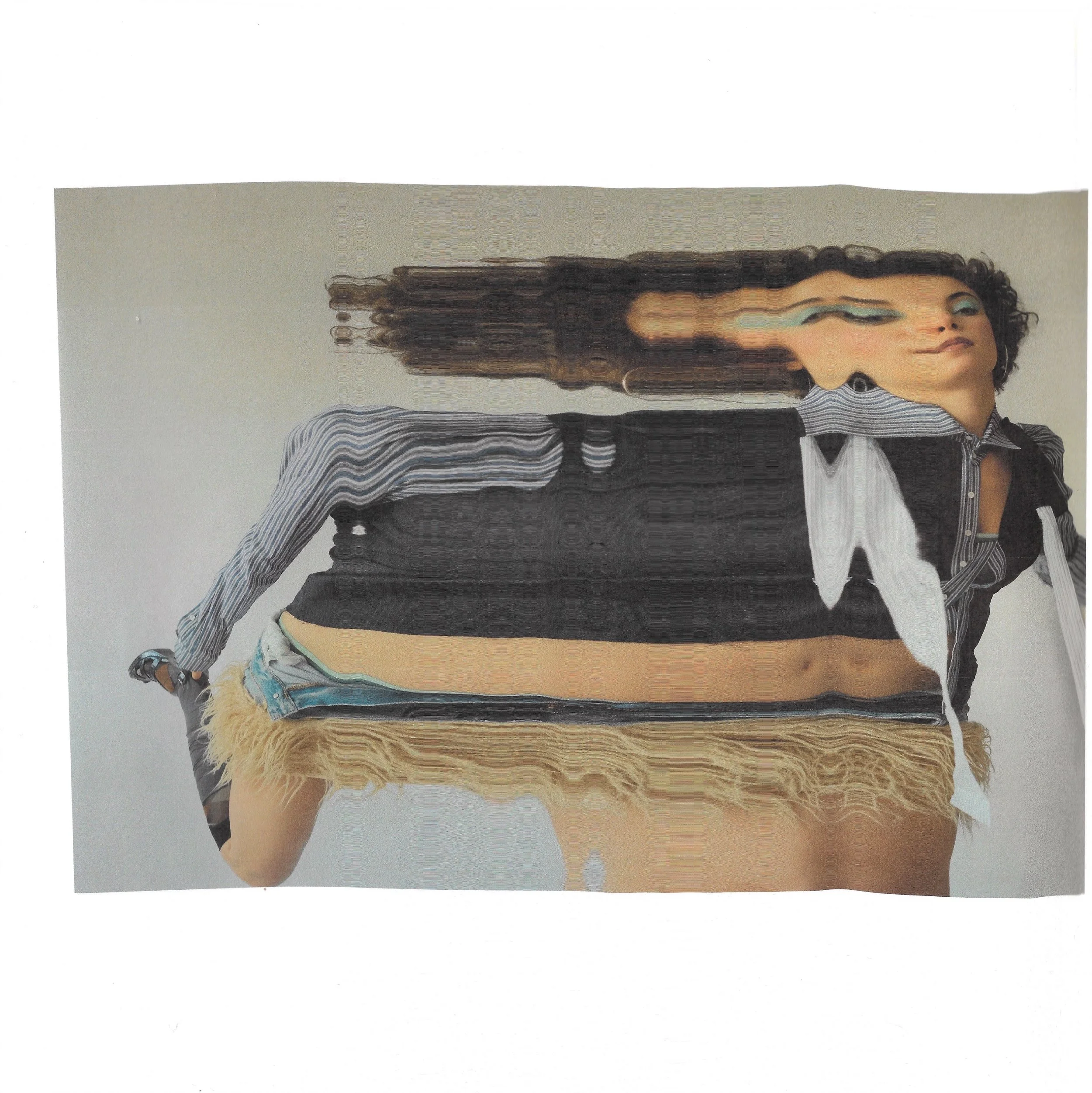 A woman with curly hair wearing a striped shirt, black vest, and distressed denim shorts is standing against a light background. The image appears distorted and glitched.