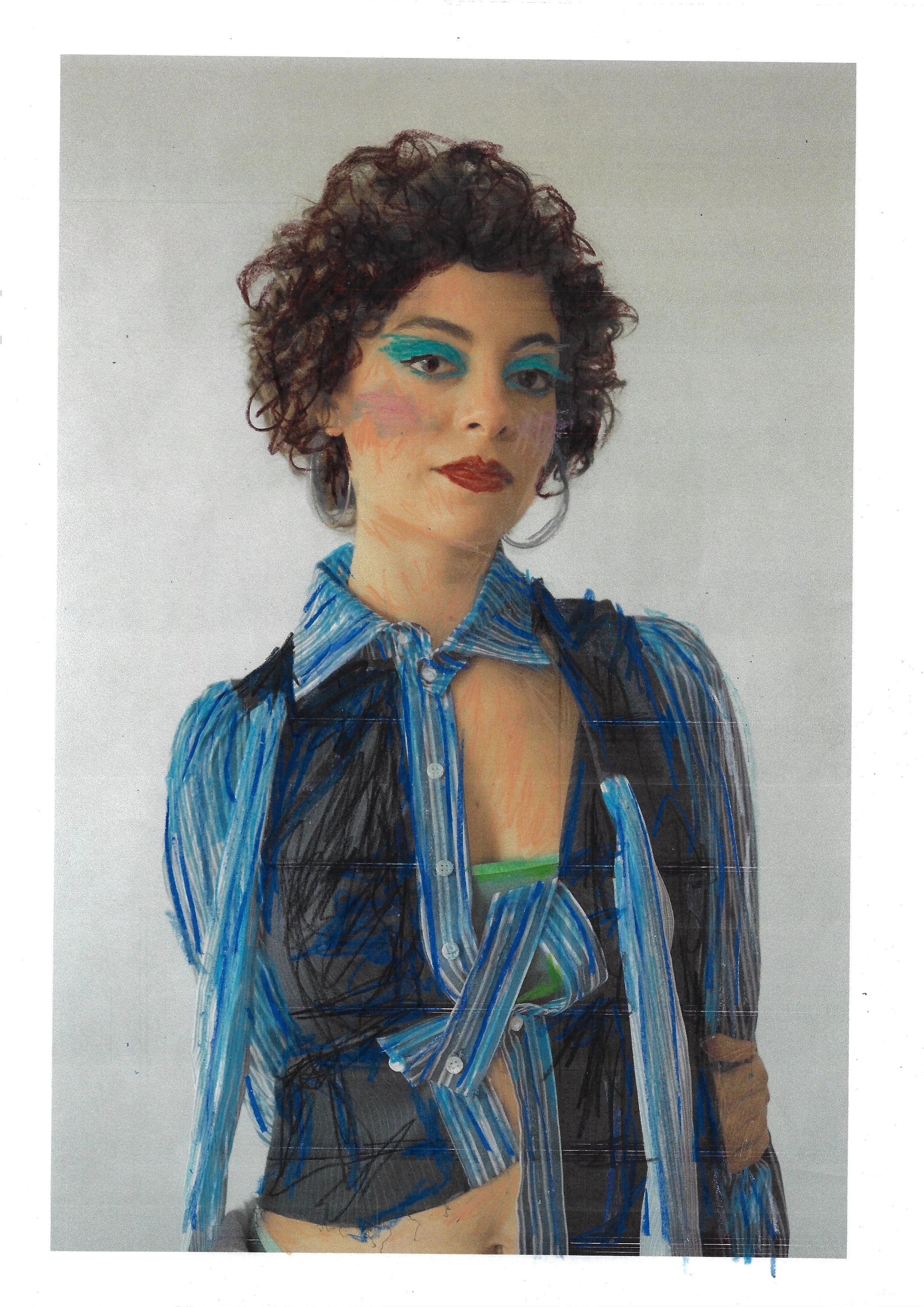 A woman with curly dark hair, wearing bold blue eyeshadow and red lipstick, dressed in a partially unbuttoned striped blue shirt with a green tank top underneath. The photo appears to be edited or artistically manipulated with sketch-like lines and c