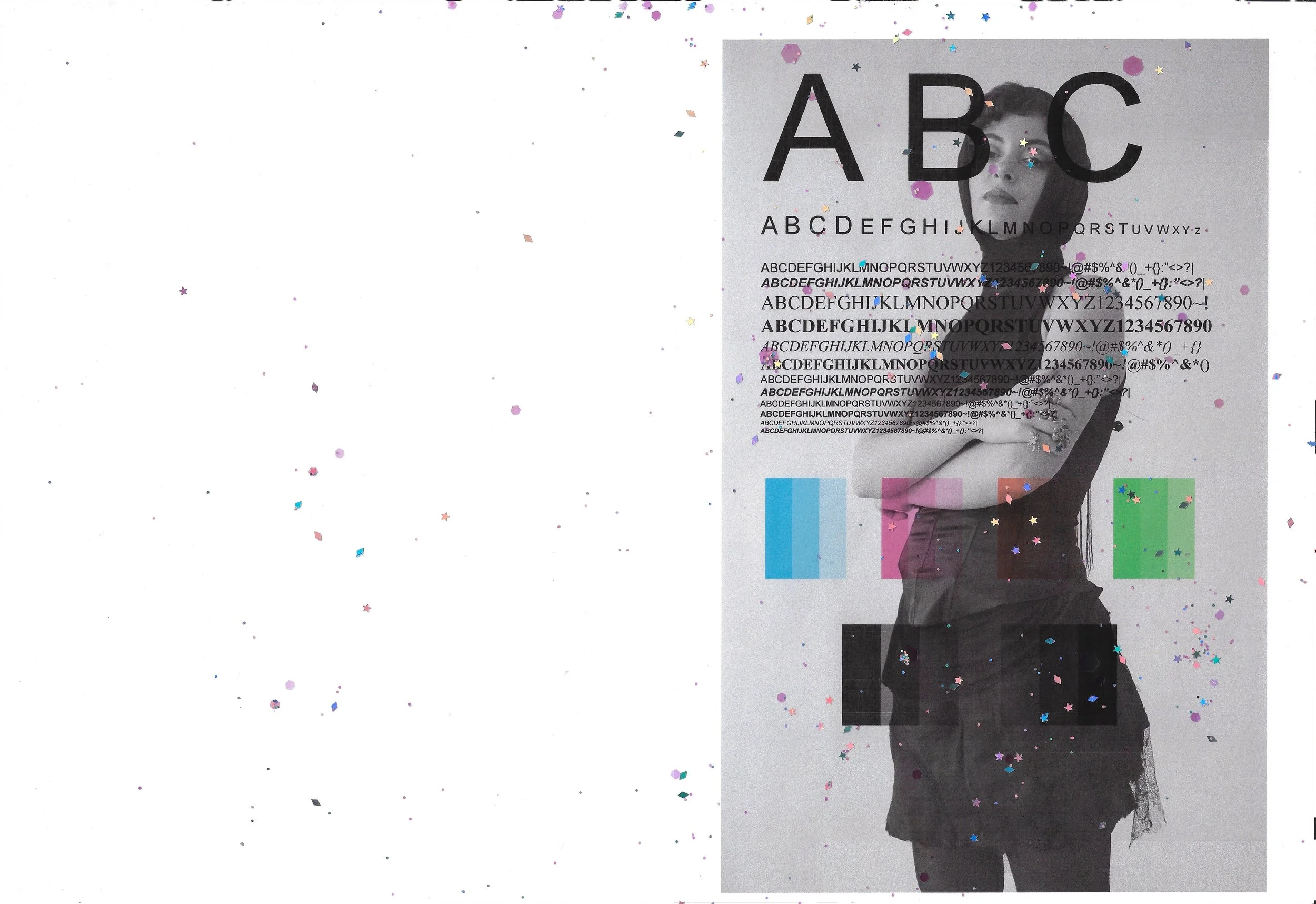A grayscale illustration of a woman with a bob haircut, with her arms crossed, standing against a plain background. Overlaid are various text elements displaying different font styles, sizes, and colors, with confetti scattered across the image.