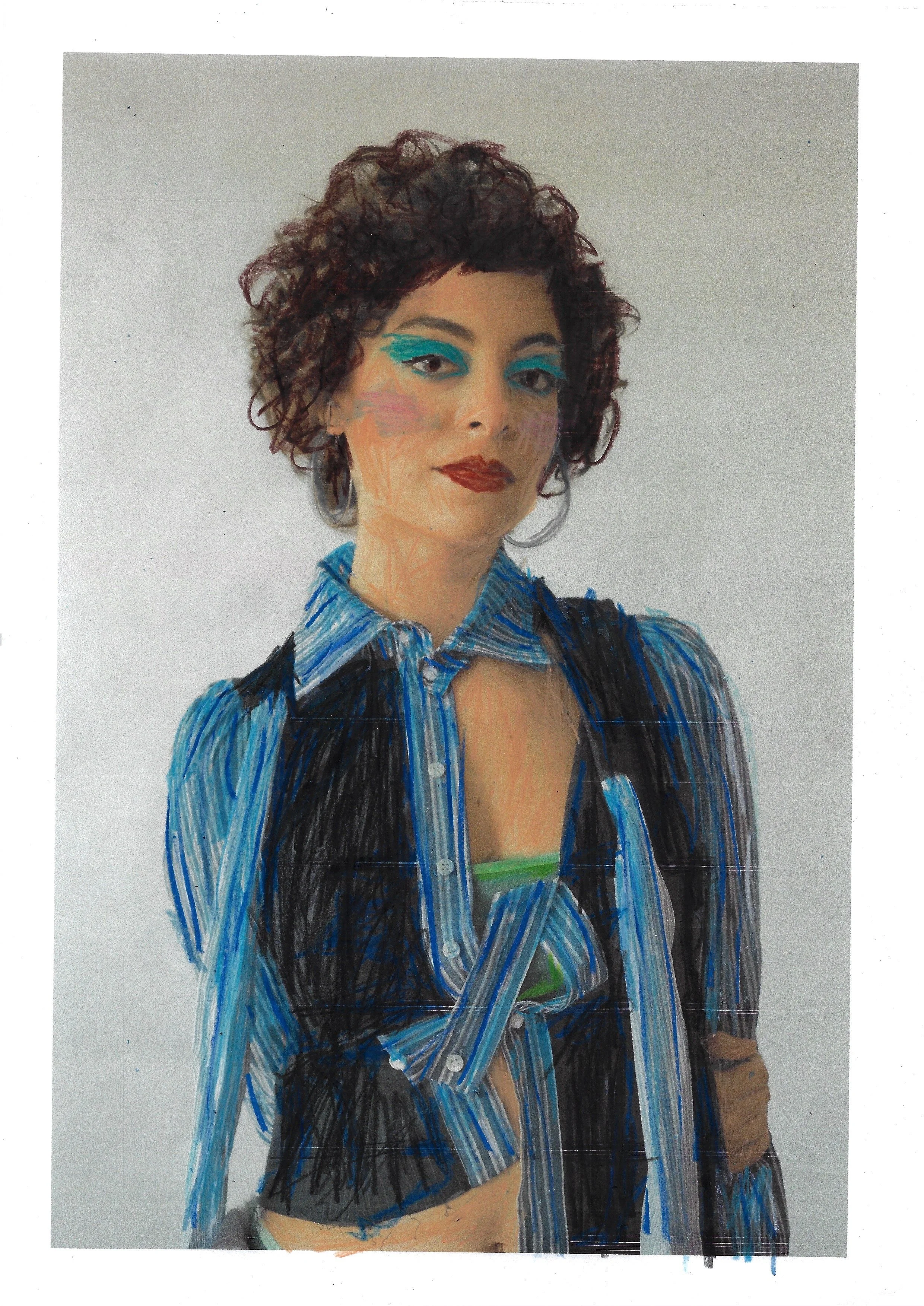 A woman with curly dark hair, wearing a blue striped shirt and black vest, has vibrant makeup including blue eye shadow and red lipstick.