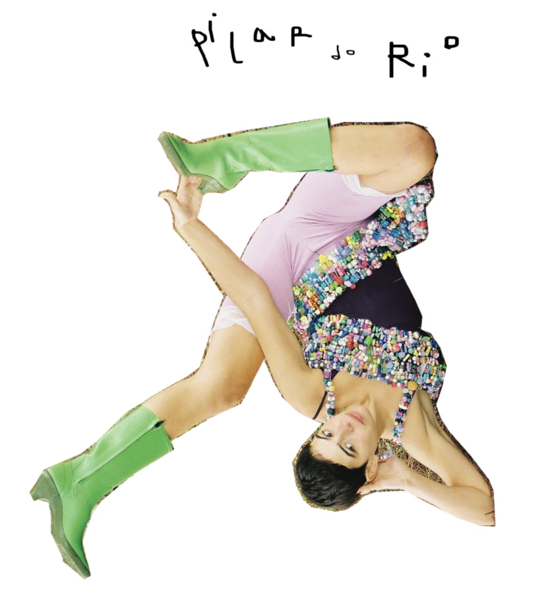 A person with short black hair lying down on the floor surrounded by colorful beads, wearing a pink sleeveless top, green shoes, and green socks, with hand near face and looking at the camera.