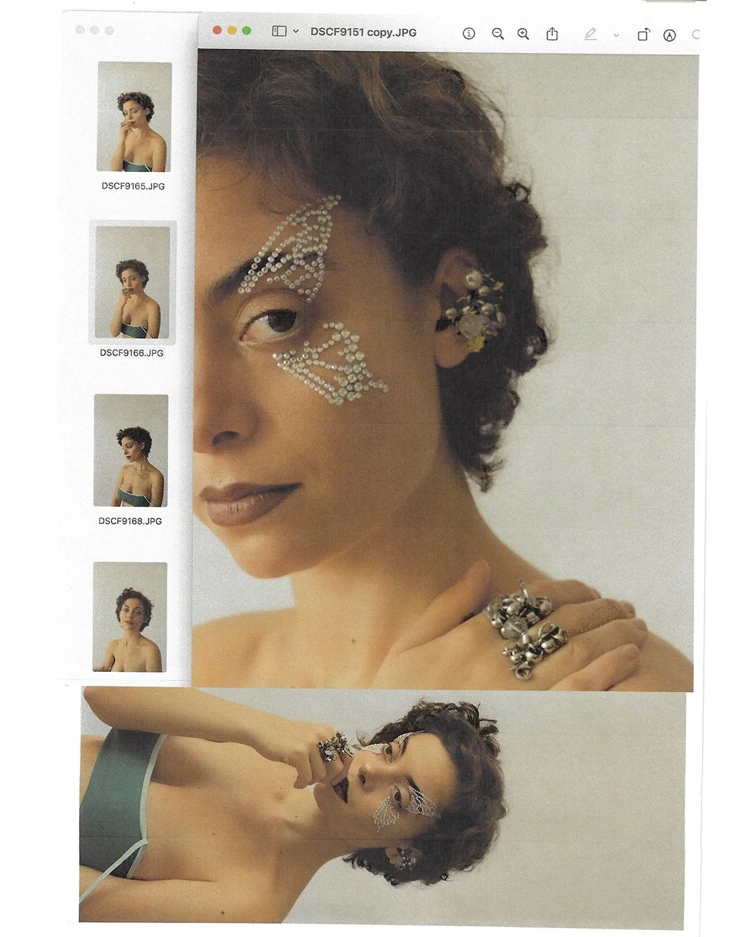 A woman with curly hair wearing jewelry, decorative face rhinestones, and minimal clothing is posing in two artistic photos; one close-up and one mid-shot with accessories.