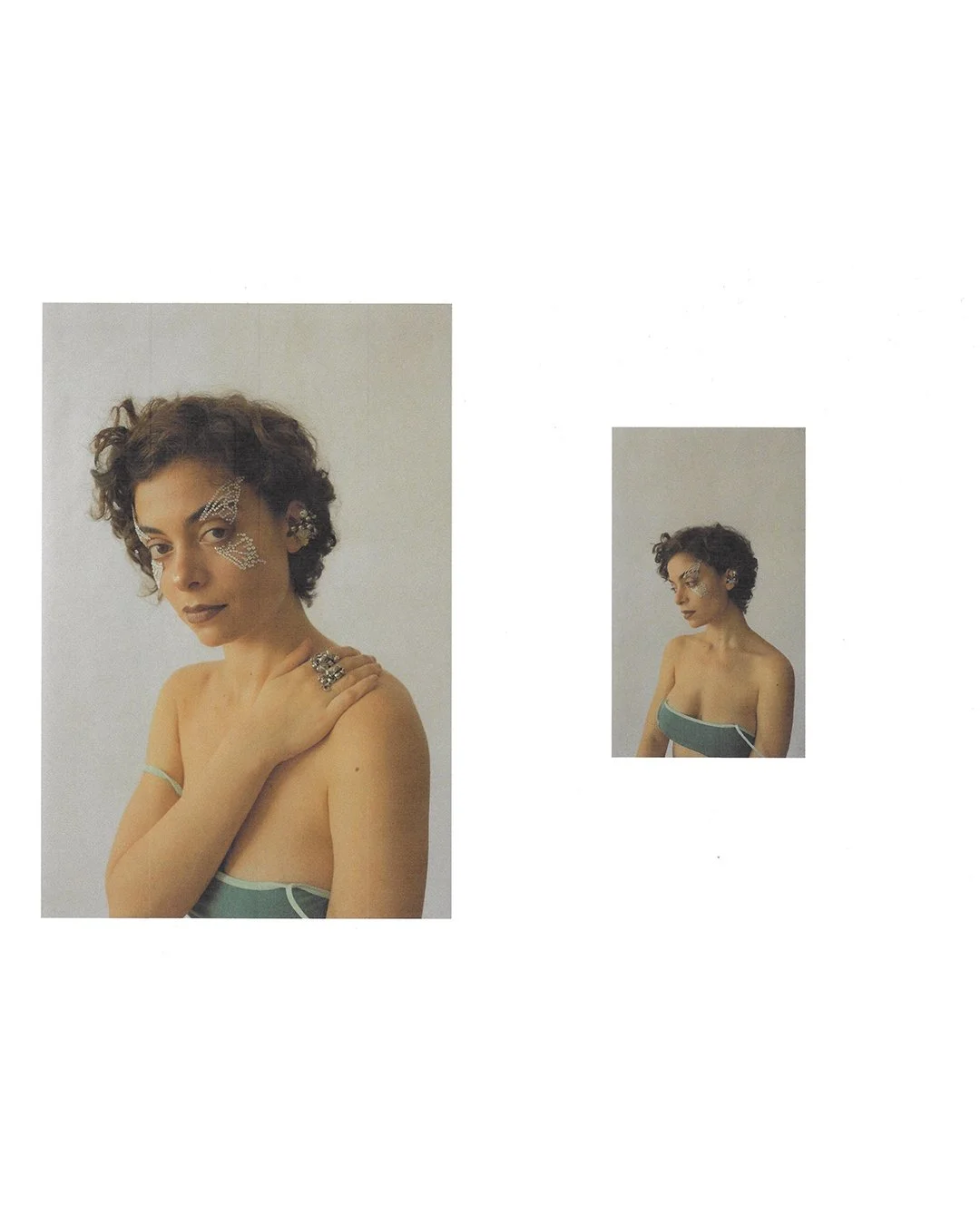 A woman with short curly hair and face makeup featuring rhinestones, wearing bare shoulders with a green garment, has her hand on her shoulder in a close-up portrait, with a smaller version of the same photo to her right.